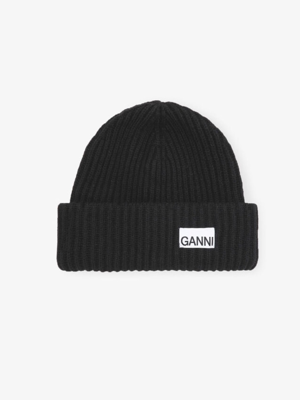 Ganni Black Ribbed Knit Cuff Beanie with Logo Patch
